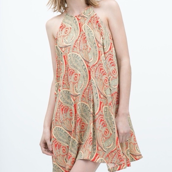 Zara|Vibrant Paisley Halter Mini Dress Tunic Lightweight & Flowy for Summer Sz M - Picture 1 of 7